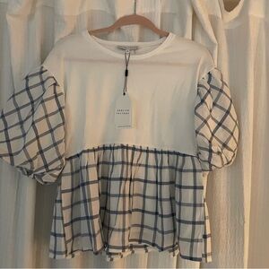 NWT English Factory White and Blue Checkered Blouse